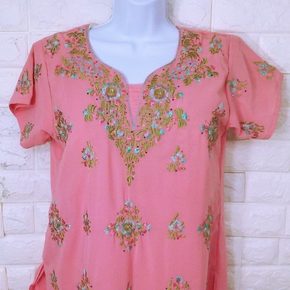 Vintage Kurta Sari Tunic Top sz-42 (M/L) Sheer Embellished Bling Glam Slits Pink - Picture 2 of 10